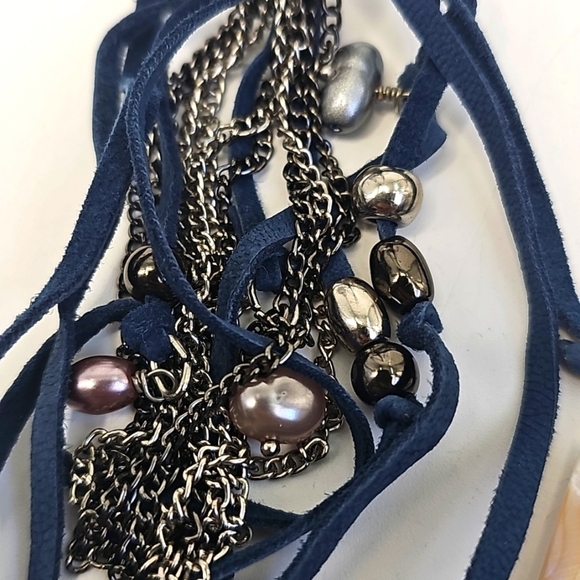 Chico's Denim Blue Suede Boho Necklace w Silver Baubles & Fringe Pendant Western - Picture 5 of 13